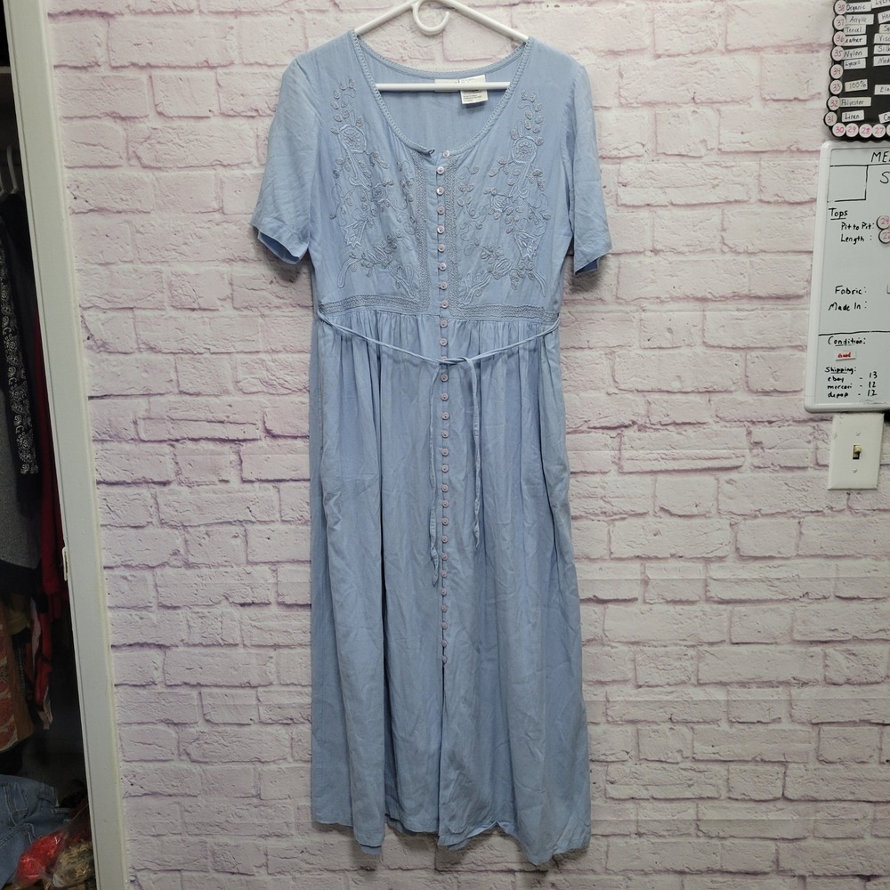 VTG Together Boho Embroidered Maxi Dress Sz 10 Blue Cottagecore Fairy Whimsical